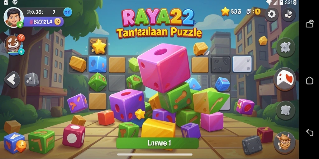 Tangkapan layar utama RAYA22 menunjukkan gameplay puzzle yang menantang.