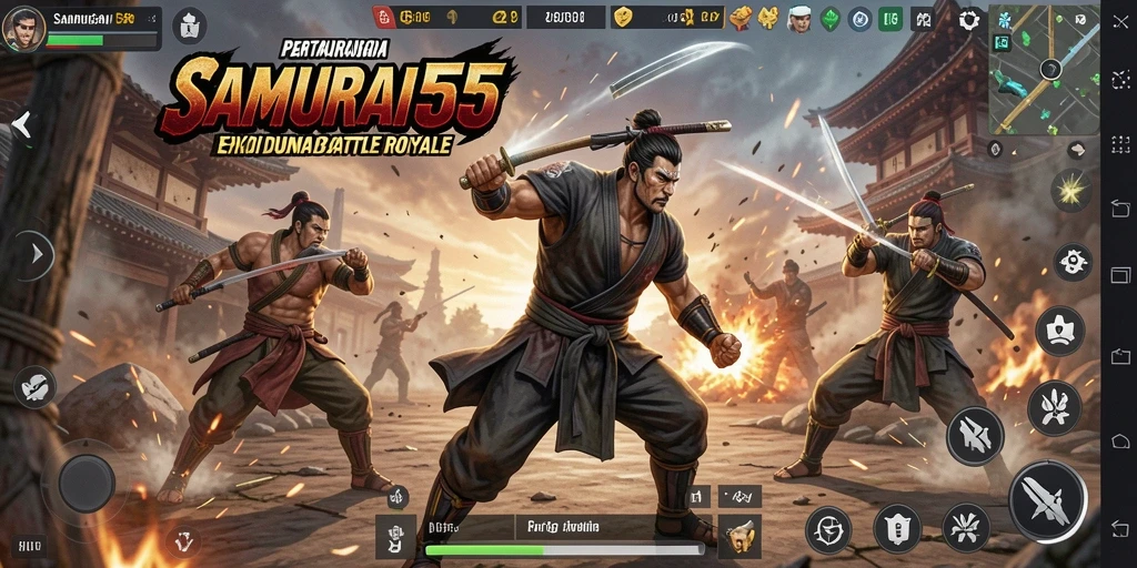 Screenshot SAMURAI555 menampilkan aksi pertempuran arena Battle Royale.